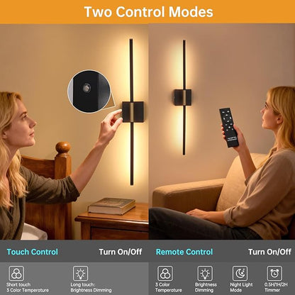 Battery Operated Wall Sconce Set of 2, 10400mAh Wireless Wall Sconces, 3000K-6000K Dimmable, 350°Rotate, Indoor Wall Lights with Remote for Bedroom Living Room Bathroom, Black Gold, 31.5 Inch
