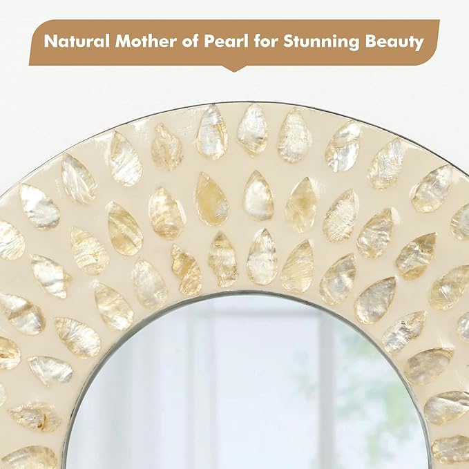 Boho Mirror Wall Decor for Living Room, 3PCS Natural Mother of Pearl Decorative Mirror for Farmhouse Rustic Home, Hanging Sculptures for Women Bedroom Hallway Porch Decoration (Light Brown)