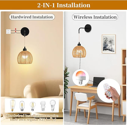 Boho Wall Sconce with Remote,Rattan Battery Operated Wall Sconces Set of 2,15 Colors Dimmable Wireless Wall Light Indoor,Rechargeable Battery Wall lamp for Bedroom, Living Room, Entryway