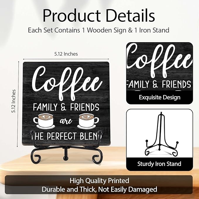 Farmhouse Coffee Bar Decor, Family Friends Wooden Signs for Home Office Desk Shelf, Rustic Tabletop Centerpieces for Kitchen Accessories - A06