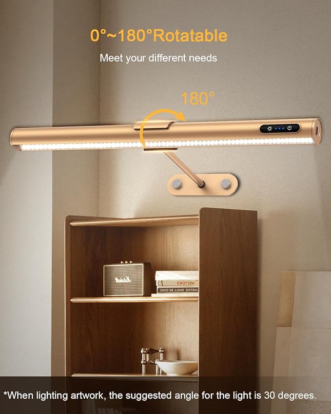 GOVSSING Picture Lights for Wall - 4000mAh Rechargeable Battery Wireless Picture Light with Remote, 3 Color Temps & Dimmable, 15.7” Rotatable Art Light, Memory & Timer Functions, Rose Gold