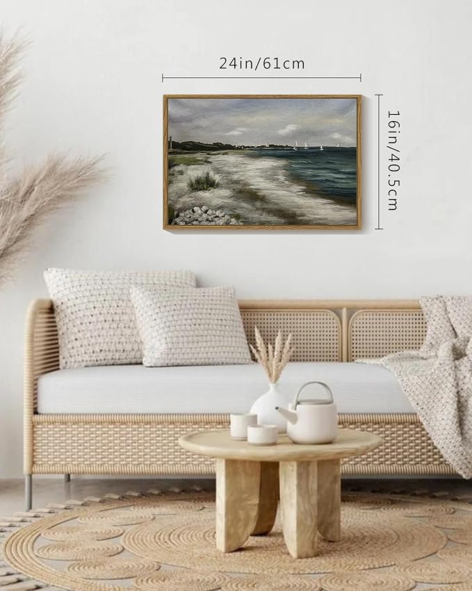 SHENIFY 16x24in Large Vintage Landscape Seascape Framed Canvas Wall Art Seaside Coastal Scenery Classic Hallway Bathroom Office Decor - Natural Framed