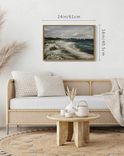 SHENIFY 16x24in Large Vintage Landscape Seascape Framed Canvas Wall Art Seaside Coastal Scenery Classic Hallway Bathroom Office Decor - Natural Framed