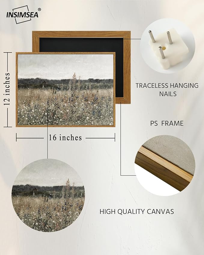 InSimSea Framed Canvas Wall Art Vintage Decor, Classical Oil Painting Canvas Prints Champ fleuri Vintage Wall Art for Home Room Bathroom Decor, 12
