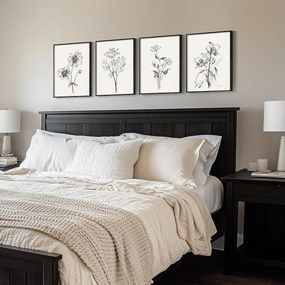 Framed Black and White Floral Wall Art for Living Room, 4 Piece Vintage Botanical Canvas Painting Prints Artwork for Walls, Rustic Minimalist Flower Pictures for Bedroom Hallway Kitchen Wall Decor