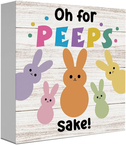 Easter Sign Cute Easter Peeps Bunny Decor Spring Bunny Table Decorations Decor Indoor for Office Desk Table Shelf Tiered Tray Oh Peeps Sake Wooden Sign 5 X 5 Inch