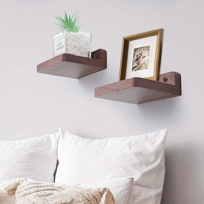 Small Floating Shelf, 4x4 Inch Display Ledges for Wall,Mini Shelves,Rustic Wood Shelf for Bedroom Living Room Bathroom Kitchen (8, Light Walnut)
