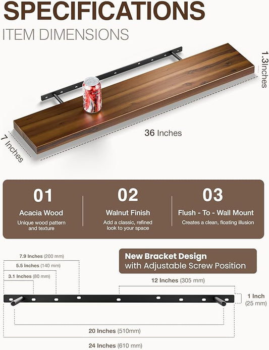 BATODA Set of 2 36" Acacia Floating Shelves for Wall – Rustic Farmhouse Floating Shelves - Wooden Wall Storage Shelf Home Décor - DIY Floating Book Shelves - with Brackets & Hardware (Walnut Color)