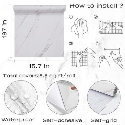 Glossy Marble Contact Paper White Peel and Stick Wallpaper Marble Wallpaper Self-Adhesive Removable 15.7"x197" Wall Paper for Cabinets Bathroom Waterproof Wallpapers Modern Decorative