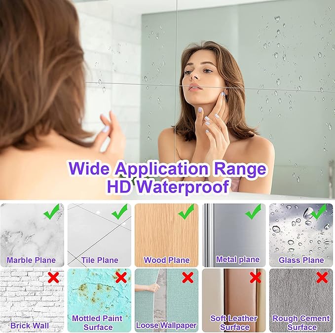 JUNEBRUSHS 8 Pack Self Adhesive Acrylic Mirror, 12x16 Inch Mirror Tiles,Flexible Sheets Wall Stickers, Frameless Small Mirror