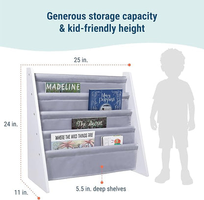 Wildkin Wooden Sling Bookshelf for Kids – Premium Canvas Design with 4 Fabric Shelves, Organizer for Home or Classroom - White w/Gray