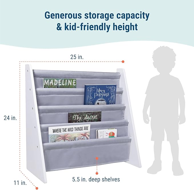 Wildkin Wooden Sling Bookshelf for Kids – Premium Canvas Design with 4 Fabric Shelves, Organizer for Home or Classroom - White w/Gray