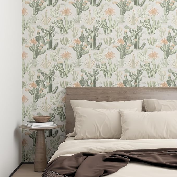 Cactus Wallpaper Peel and Stick, Beige Green Succulent Contact Paper, 17.5