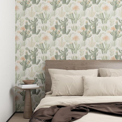 Cactus Wallpaper Peel and Stick, Beige Green Succulent Contact Paper, 17.5" x 118" Floral Boho Botanical Wall Paper Self Adhesive Removable Waterproof for Bedroom Cabinet Drawer Table Decor