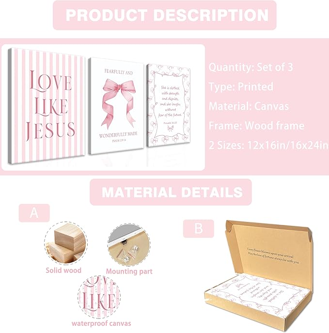 Coquette Pink Bow Wall Art Set of 3, Light Pink Bow Dorm Room Wall Decor Paintings, Inspirational Scripture Verses Canvas Posters Prints Pictures for Girls Dorm Room Bedroom Bathroom 12x16 Inch Framed