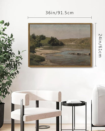 SHENIFY 24x36in Large Vintage Landscape Framed Canvas Wall Art Grassland Classic Paintings Farmhouse Bathroom Office Decor - Natural Framed