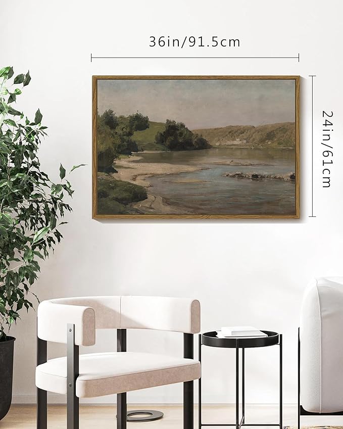SHENIFY 24x36in Large Vintage Landscape Framed Canvas Wall Art Grassland Classic Paintings Farmhouse Bathroom Office Decor - Natural Framed