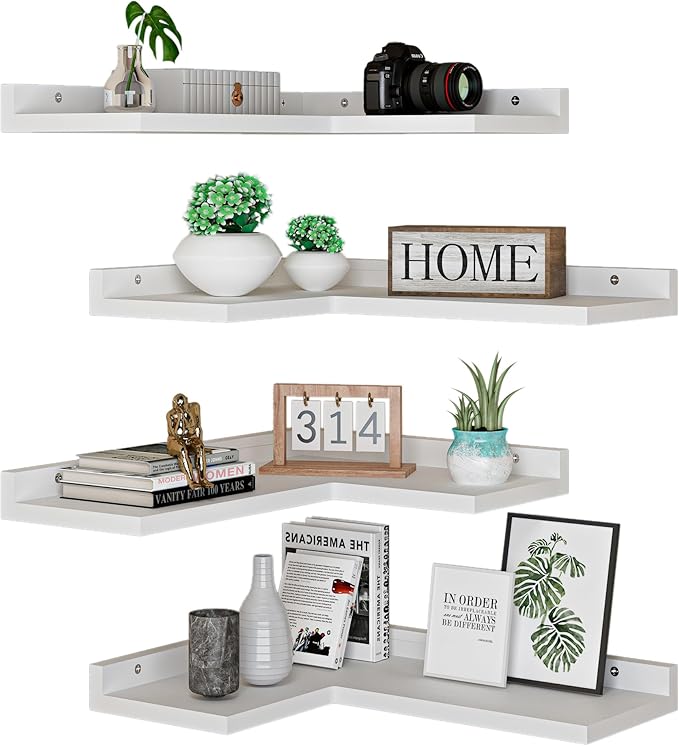 4 Tier Floating Corner Shelves White Set of 4, Rustic Pine Wooden Floating Corner Wall Shelf for Wall Décor Storage, L Shaped Corner Shelf Wall Mount for Bedroom, Living Room, Bathroom, Kitchen