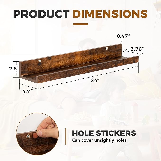 Muzilife 24" Small Floating Wall Ledge Shelves with Lip - Set of 2 Wood Floating Shelves - Honey Brown Wall Mounted Picture Ledge for Office, Bathroom, Bedroom, Living Room, Kitchen