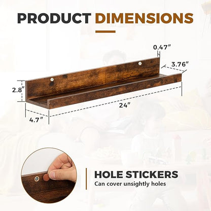 Muzilife 24" Small Floating Wall Ledge Shelves with Lip - Set of 2 Wood Floating Shelves - Honey Brown Wall Mounted Picture Ledge for Office, Bathroom, Bedroom, Living Room, Kitchen