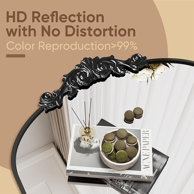 Vintage Wall Mirror, 30"x36" Arched Mirror for Vanity, Antique Decorative Mirrors with Carved Metal Frame for Bedroom, Living Room, Entryway, Fireplace, Hallway, Black