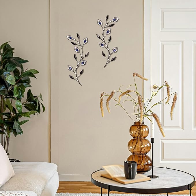 sxnzequnze 2 Pcs Metal Leaf Wall Art Crystal Bling Decorations Silver Leaves 3D Iron Handmade Home Decor Hanging Minimalist Accents Modern Set for Living Room Bathroom Bedroom Dining Room Hallway
