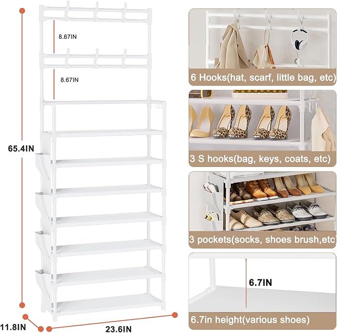 Shoe Rack 7 Tier Shoe Organizer Storage 21-28 Pairs Closet Shoes Rack for Front Door Entrance Shoe Rack Organizer with Hooks Side Pocket Entryway Large Capacity Shoe Shelf Tower Garage