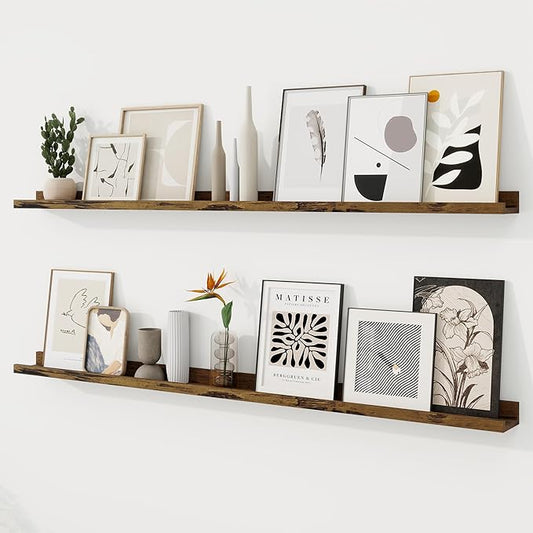 RICHFOCUS Picture Ledge Shelf, 55 inch Floating Shelves Set of 2, Wood Wall Shelves with Lip, Wall Decor Storage for Bedroom Living Room Bathroom Kitchen Nursery Photo Picture, Rustic Brown