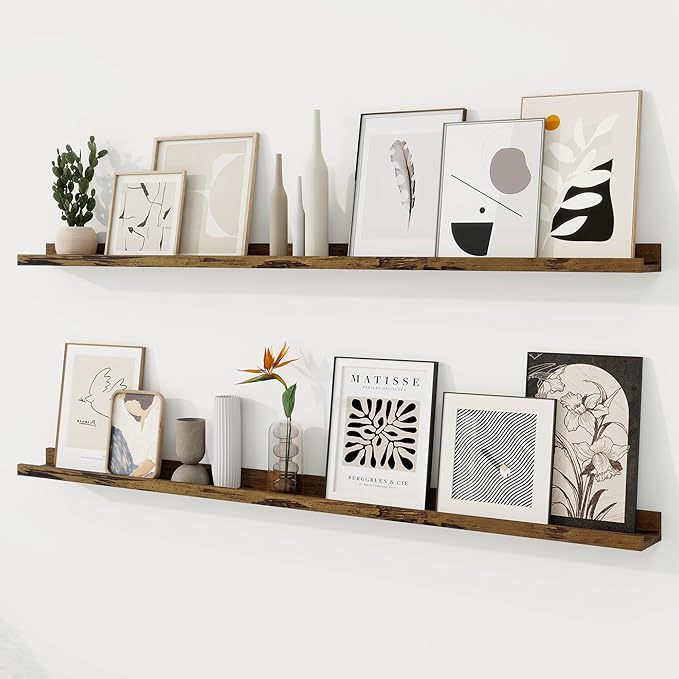 RICHFOCUS Picture Ledge Shelf, 55 inch Floating Shelves Set of 2, Wood Wall Shelves with Lip, Wall Decor Storage for Bedroom Living Room Bathroom Kitchen Nursery Photo Picture, Rustic Brown