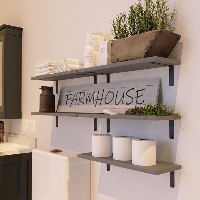 RICHER HOUSE Rustic Wood Bathroom Shelves Set of 5, Farmhouse Style Floating Shelf for Wall Décor, Hanging Shelves for Bedroom, Storage, Kitchen, Living Room - Gray