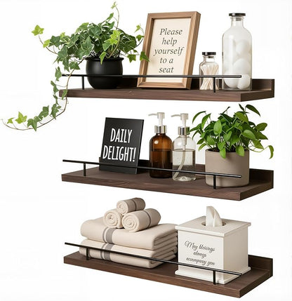 Floating Shelves Set of 3, 15.74 inches Rustic Wood Wall Shelves for Bathroom，Bedroom, Living Room, Kitchen & Book, Hanging Display Decor Organization Shelf with 22 lbs Capacity