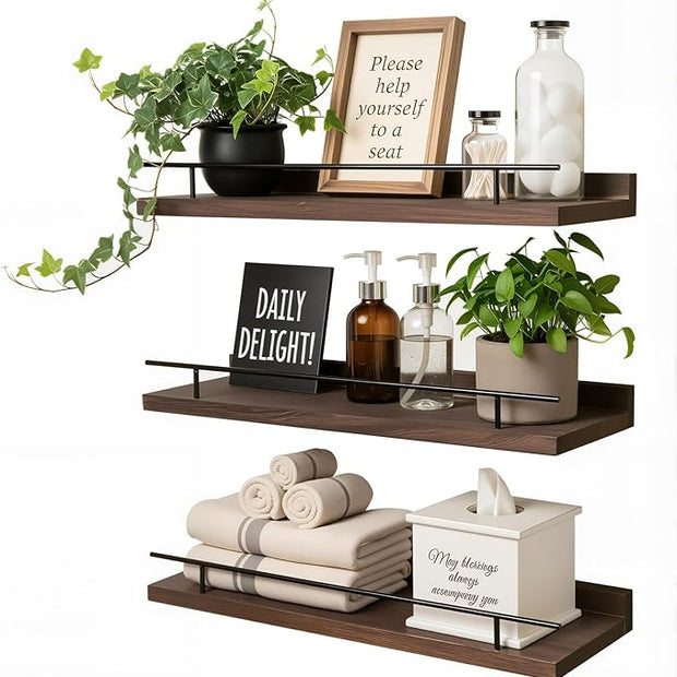 Floating Shelves Set of 3, 15.74 inches Rustic Wood Wall Shelves for Bathroom，Bedroom, Living Room, Kitchen & Book, Hanging Display Decor Organization Shelf with 22 lbs Capacity