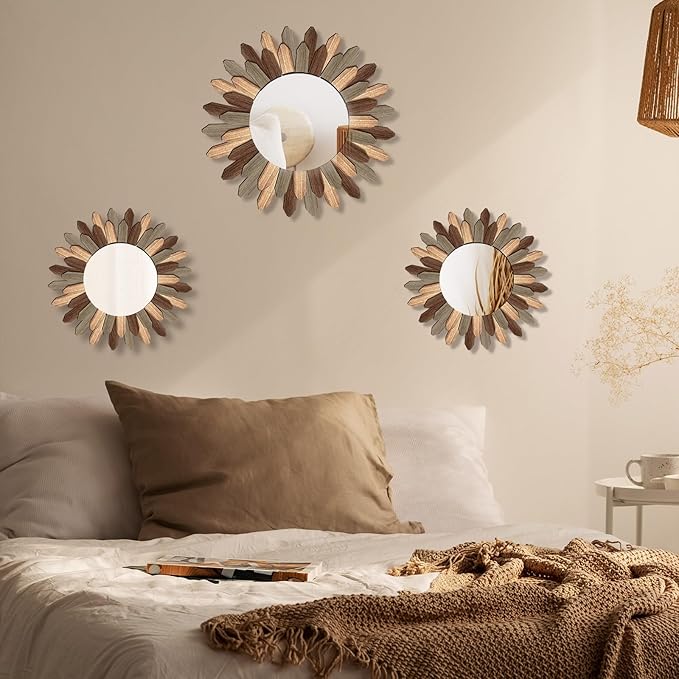 3 Pcs Boho Wall Decor Round Sunburst Mirror Boho Circle Mirror with Rustic Wood Frame Decorative Hanging Wall Art for Farmhouse Home Decor,17 Inch and 12 Inch(Tril Color)