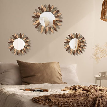 3 Pcs Boho Wall Decor Round Sunburst Mirror Boho Circle Mirror with Rustic Wood Frame Decorative Hanging Wall Art for Farmhouse Home Decor,17 Inch and 12 Inch(Tril Color)