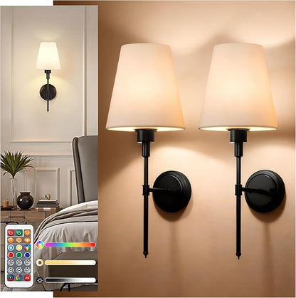 DORESshop Battery Operated Wall Sconce Set of 2, Wall Light Wireless Easy to Install, Dimmable and Adjustable Sconces Wall Decor, Rechargeable Wall Lamp for Bedroom, Living Room, Black 20.7in