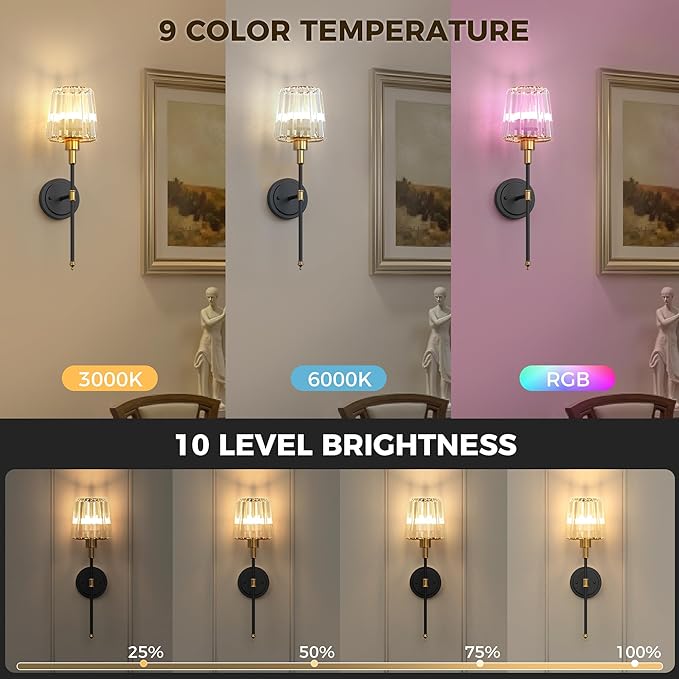 DORESshop Battery Operated Wall Sconce Set of 2, Wireless Wall Light, 15 Color Rechargeable Wall Sconces, Sconce Wall Decor Set of 2 for Bedroom, Living Room, Gold and Black Crystal, 24.6in