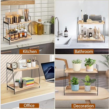 2-Tier Coffee Station Organizer for Countertop, Wooden Coffee Bar Organizer with 2 Cup Hooks, Countertop Storage for Bathroom, Kitchen, Holiday Decorations