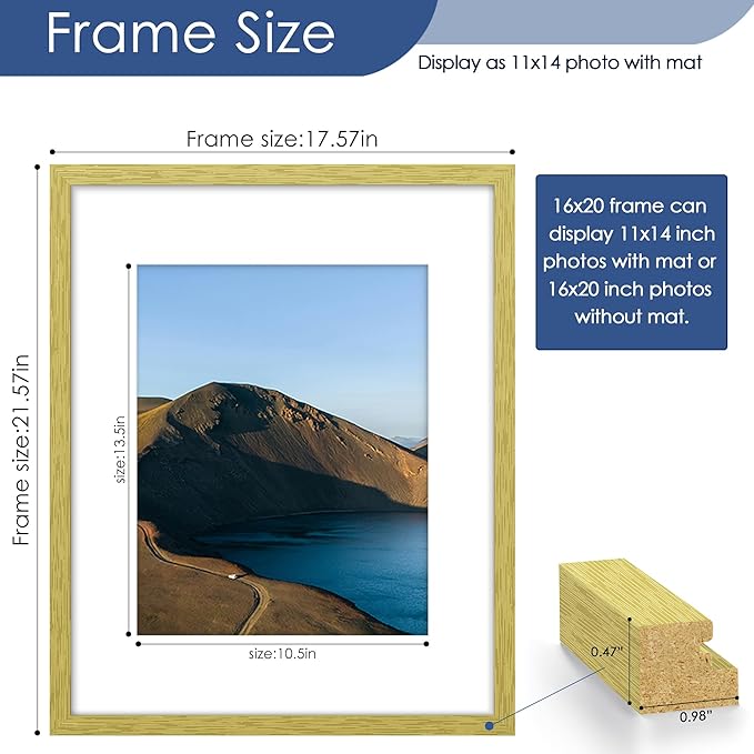 PEALSN 16x20 Picture Frame Set of 6, Display Pictures 11x14 with Mat or 16 x 20 without Mat for Wall Mounting Display, Poster Frames Collage for Wall Decor, Gold
