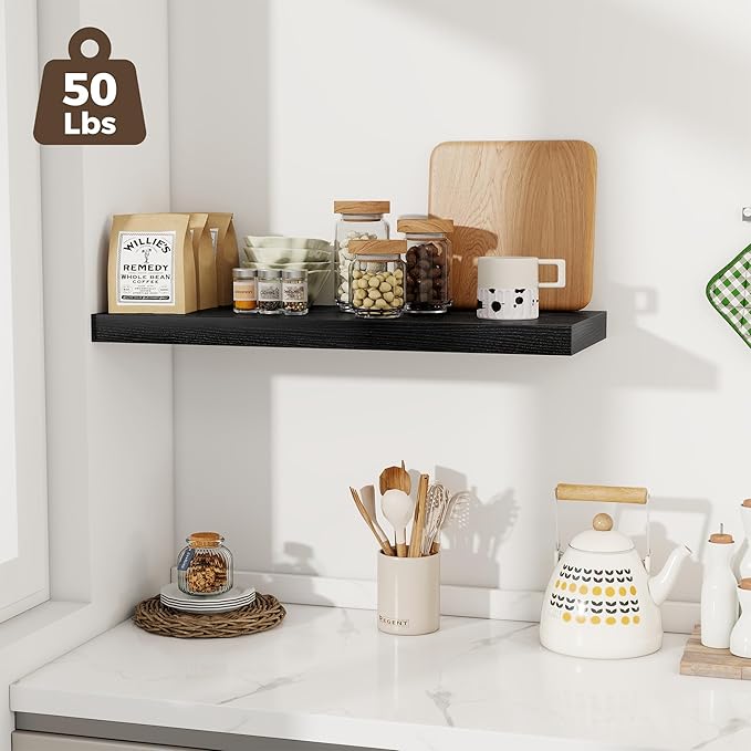 Fun Memories 12 Deep Floating Shelves for Wall | 30W x 12D Large Floating Shelves | 3 Pack Storage Space Wall Mount Shelf for Living Room Bathroom Toilet Laundry Room Kitchen Home Office - Black