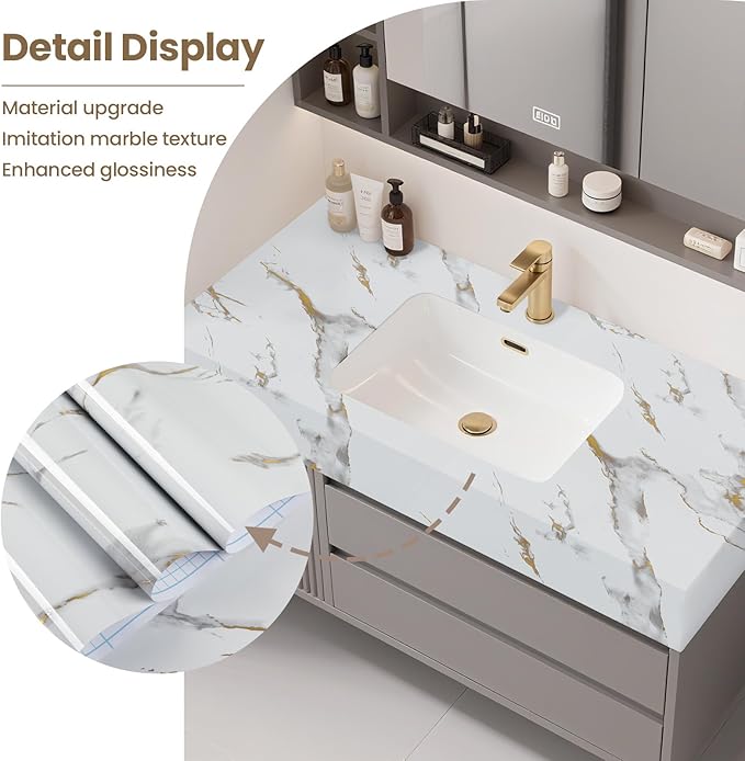 practicalWs Glossy Marble Wallpaper Peel and Stick White/Gold Granite Contact Paper Removable Wall Paper for Kitchen Countertop Cabinet Furniture 17.7" x 196.8"