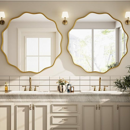 Round Wavy Mirror - 30 Inch Bathroom Vanity Mirror Metal Frame Circle Wall Mounted Mirror for Bedroom Living Room Entryway, Gold
