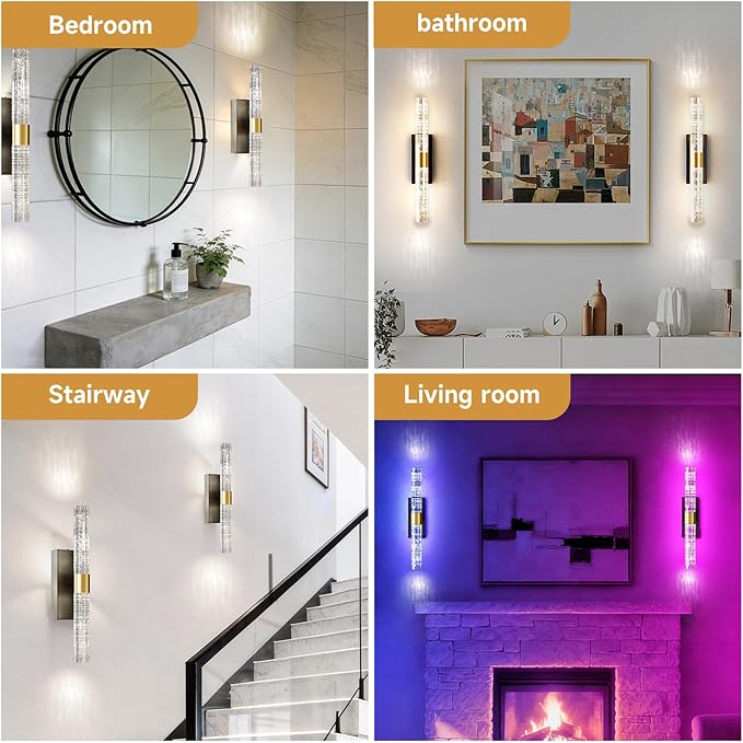 Crystal Battery Operated Wall Sconces Set of 2, Black and Gold Rechargeable Wireless Wall Light Fixtures with Remote Control, 3CCT and 12 RGB Dimmable Wall Lamps for Bedroom Living Room Hallway