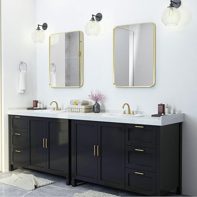 Wall Mount Mirror for Bathroom, Brushed Gold Metal Framed Rounded Corner Rectangular Vanity Mirror (24