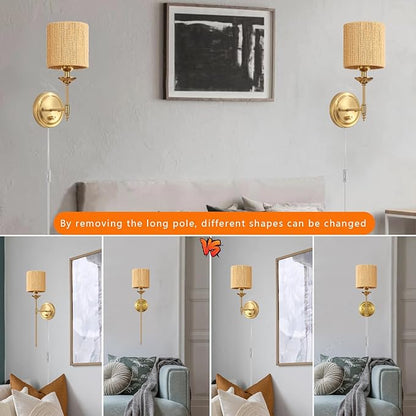 Rattan Plug in Wall Sconces Set of 2, Gold Bedside Dimmable Wall Lamp with Knob Dimmer Switch and 6.5FT Electric Cord, Boho Bathroom Wall Light Fixture for Bedroom Living Room