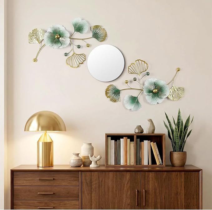 Tandefio 3 Pcs Metal Decorative Wall Mirrors for Living Room Metal Ginkgo Leaf Mirror Modern Creative Wall Decor Art Hanging Decor Mirror for Entrance Bedroom Living Room (Gold Green,16.inches)