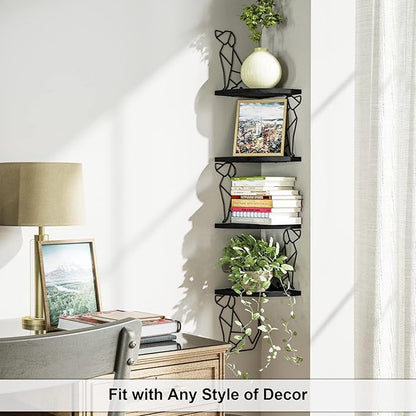 Alsonerbay Black Corner Shelf Wall Mount, 4 Tier Floating Shelves for Wall Storage, Rustic Wall Shelves Wood Shelves for Bedroom, Living Room, Bathroom, Entryway, Garage (Dog Shaped)