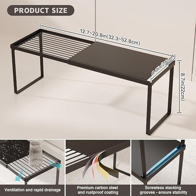 Expandable Cabinet Shelf Organizer, 2 Pack Stackable Kitchen Counter Shelf Riser, Metal Spice Rack Adjustable Heavy Duty Countertop Organizer Storage for Kitchen, Pantry, Cupboard, Rv (Black)