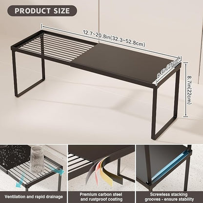Expandable Cabinet Shelf Organizer, 1 Pack Stackable Kitchen Counter Shelf Riser, Metal Spice Rack Adjustable Heavy Duty Countertop Organizer Storage for Kitchen, Pantry, Cupboard, Rv (Black)