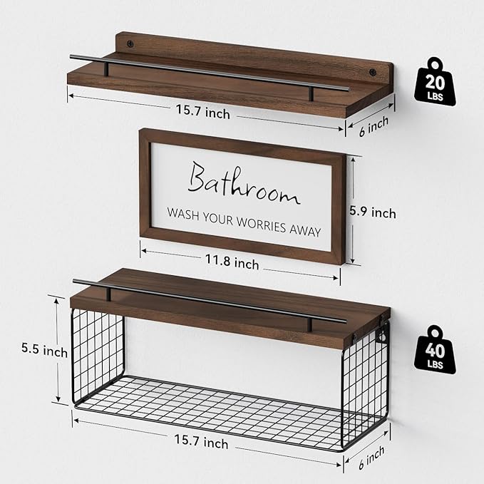 WOPITUES Floating Shelves for Wall Decor Sign, Bathroom Organizers and Storage, Bathroom Shelves Over Toilet with Metal Guardrail-Rustic Brown