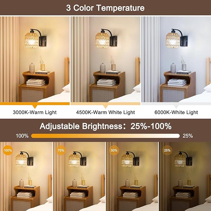 Black Rechargeable Battery Operated Wall Sconces Set of 2 with Remote, Boho Rattan Wireless Dimmable Battery Powered Wall Lights, Cordless Wall Lamp Lighting Fixture for Bedroom Living Room